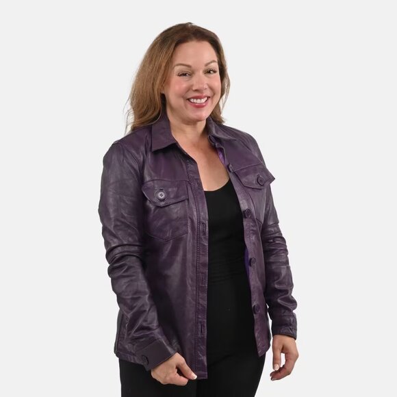 NEW Genuine Lambskin Leather Purple Button-up Shacket in Size Medium - Picture 9 of 9